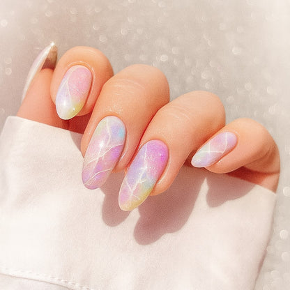 Aurora Pastel Almond Press On Nails – 24 Piece Iridescent Rainbow Marble Set