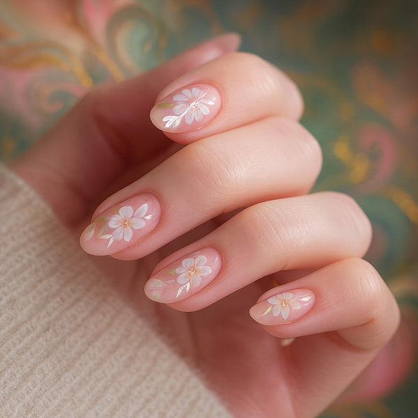 24-Piece Nude Floral Almond Press-On Nails – Glossy Pink False Nails with White Daisy Design | Reusable Stick-On Nail Set