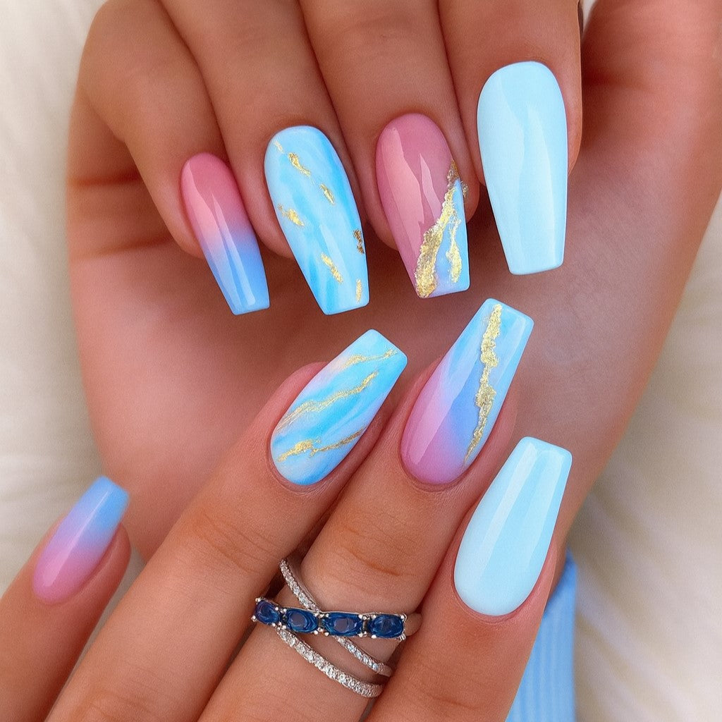 Pastel Blue & Pink Ombre Coffin Press-On Nails – Gold Marble Accent Nail Set (Set of 24)