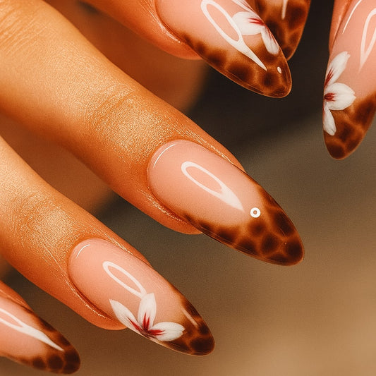 Mocha Blossom Almond Press On Nails – 24 Piece Brown Tortoiseshell French Tip Set