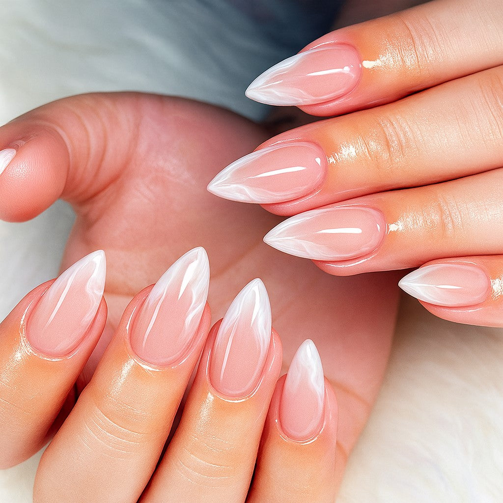 Pearl Swirl Almond Press On Nails – 24 Piece Milky White Ombre False Nail Set