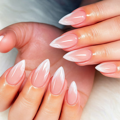 Pearl Swirl Almond Press On Nails – 24 Piece Milky White Ombre False Nail Set