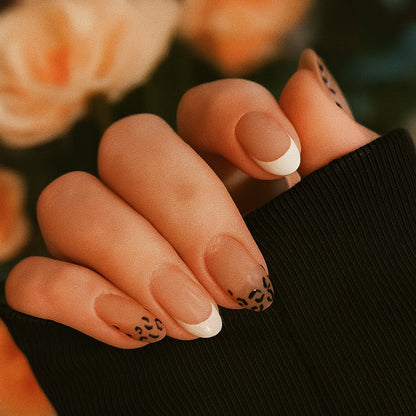 24-Piece Nude French Tip Leopard Print Press-On Nails – Glossy Almond False Nails | Reusable Stick-On Nail Set