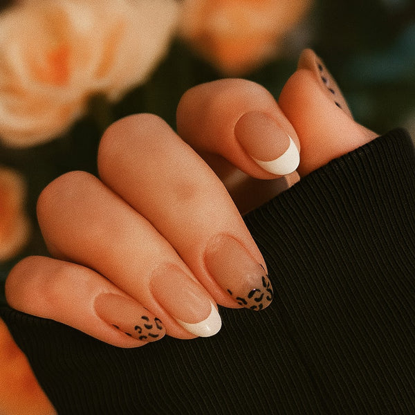 24-Piece Nude French Tip Leopard Print Press-On Nails – Glossy Almond False Nails | Reusable Stick-On Nail Set