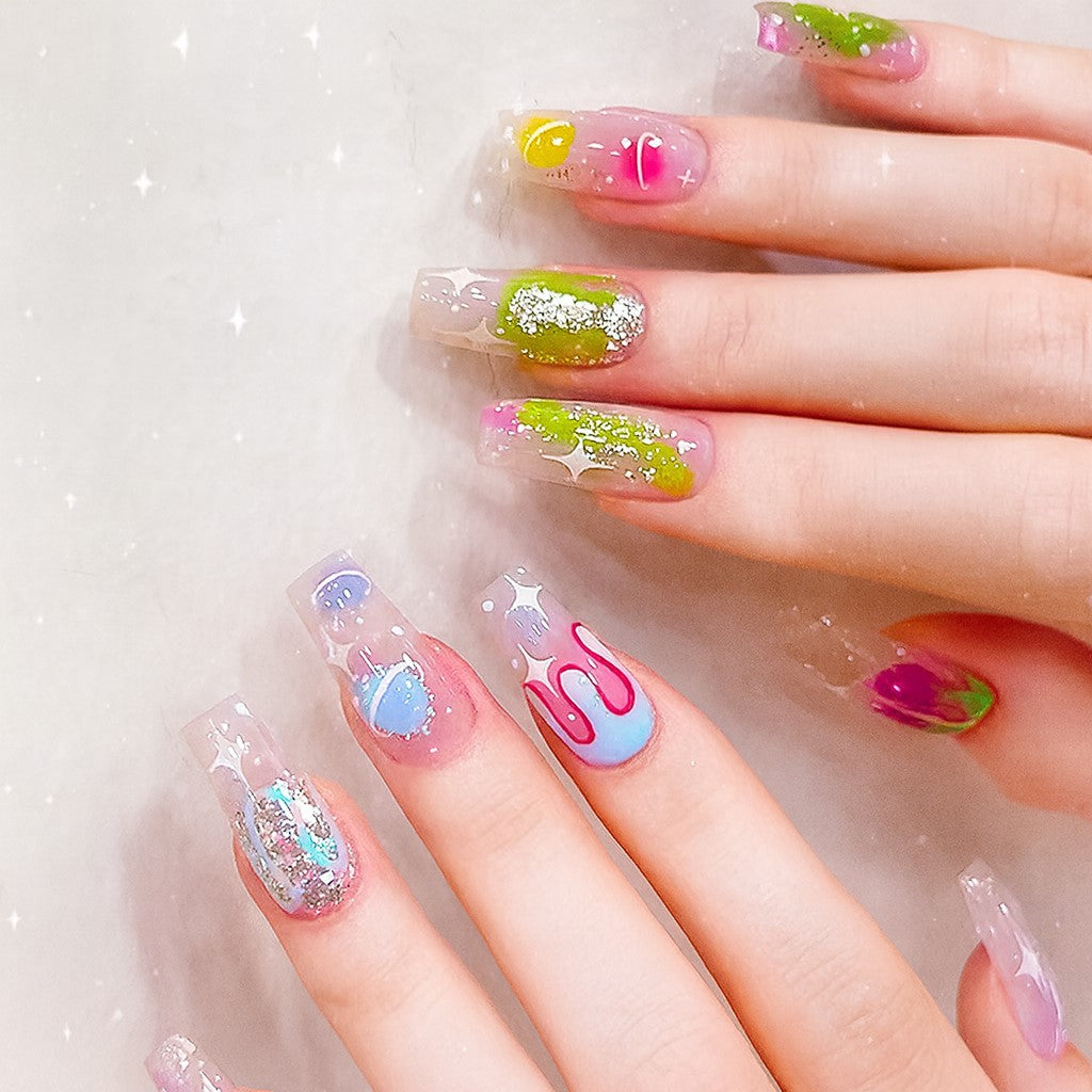 Long Square Press-On Nail Set – Jelly Fruit Nail Art with Glitter & Abstract Swirl Design | Glossy Reusable False Nails (Set of 24 Pieces)
