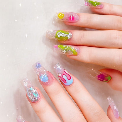Long Square Press-On Nail Set – Jelly Fruit Nail Art with Glitter & Abstract Swirl Design | Glossy Reusable False Nails (Set of 24 Pieces)