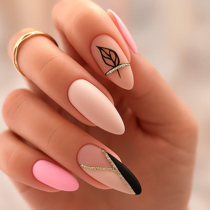 Blush Luxe Almond Press-On Nails – 24 Piece Matte Nude & Gold Nail Set