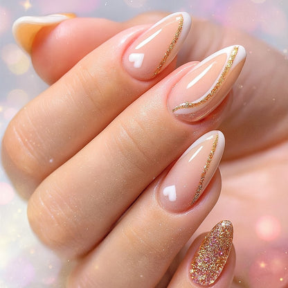 Almond Press-On Nail Set – White French Tips with Gold Glitter Swirl & Gold Glitter Accent | Glossy Reusable False Nails (Set of 24)
