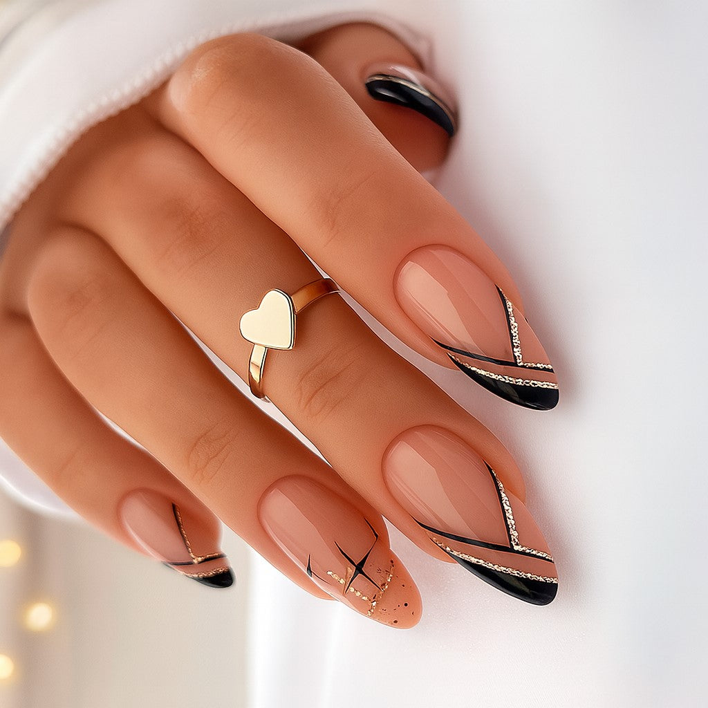 Almond Press-On Nail Set – Nude Black French Tips with Rose Gold Glitter Line Art | Glossy Reusable False Nails (Set of 24)