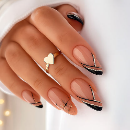 Almond Press-On Nail Set – Nude Black French Tips with Rose Gold Glitter Line Art | Glossy Reusable False Nails (Set of 24)