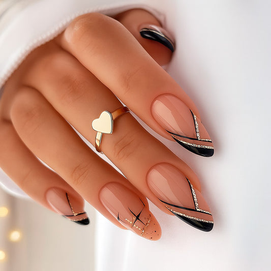 Almond Press-On Nail Set – Nude Black French Tips with Rose Gold Glitter Line Art | Glossy Reusable False Nails (Set of 24)