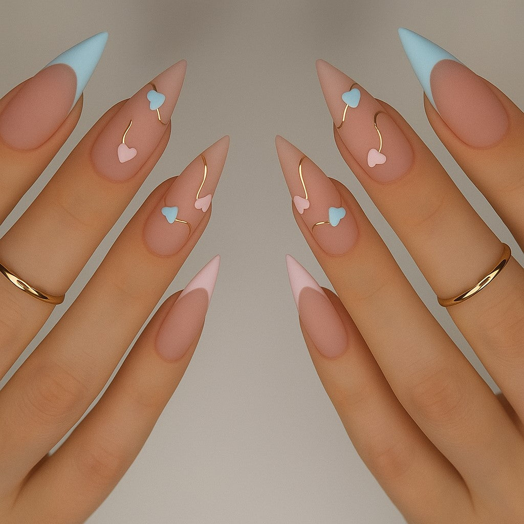 Pastel Heart French Tip Stiletto Press-On Nails – 24 Piece Blue & Pink Romantic Nail Set