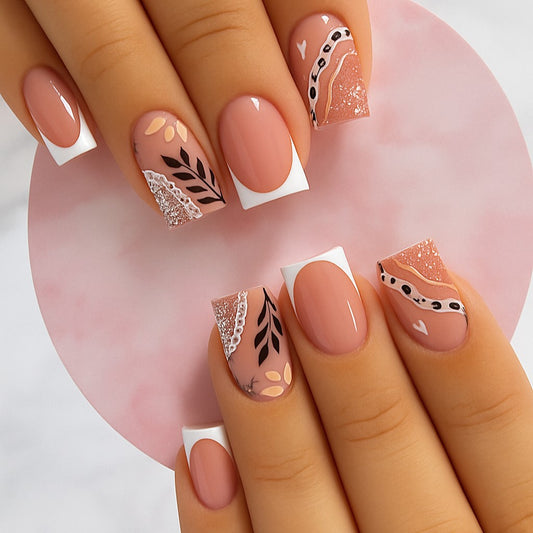 Medium Square French Tip Botanical Press-On Nails – 24 Piece Nude Pink & Rose Gold Nail Set