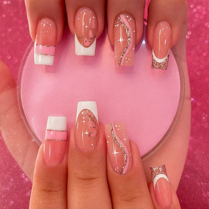 Medium Square Press-On Nail Set – Pink French Tips with Rose Gold Glitter Swirl & Glitter Accent | Glossy Reusable False Nails (Set of 24)