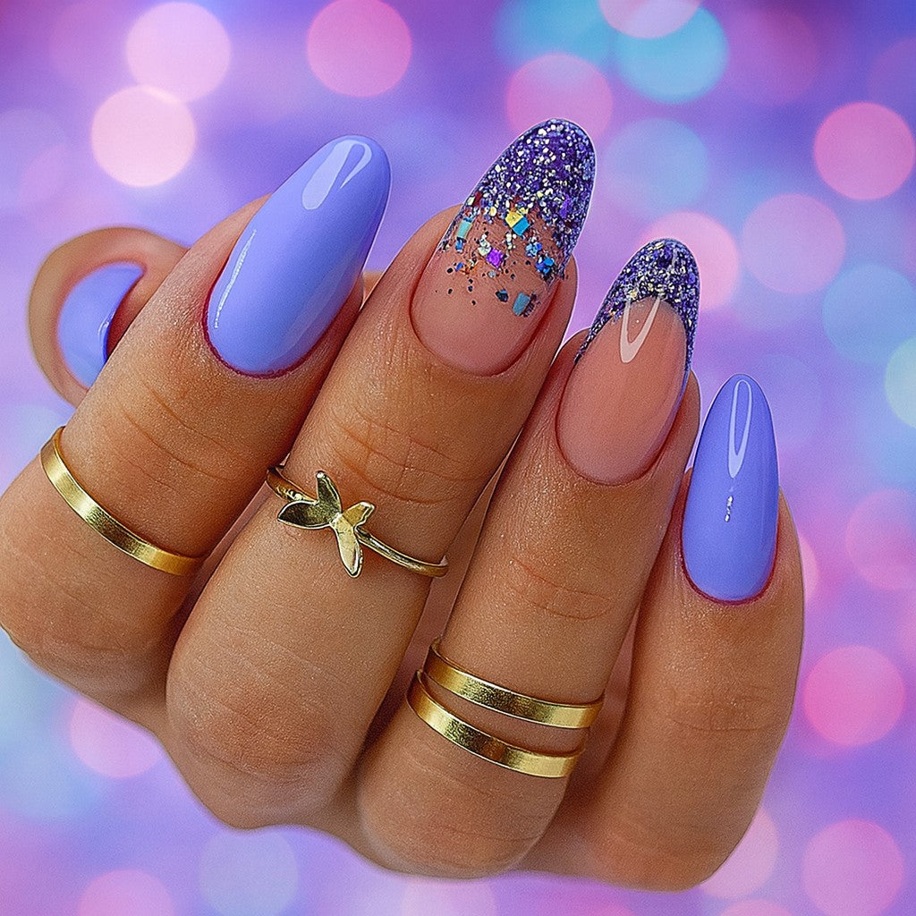 Cornflower Blue Glam Press-On Nails | 24-Piece Reusable Glitter Almond Nail Set