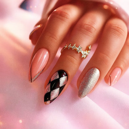 Almond Press-On Nail Set – Pink Nude with Black & Silver Harlequin, Glitter Accent | Glossy Reusable False Nails (Set of 24)