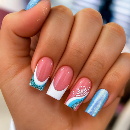 Medium Square Press-On Nail Set – Pink French Tips with Blue Glitter & Floral Accent | Glossy Reusable False Nails (Set of 24)