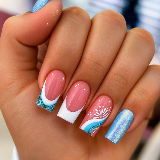 Medium Square Press-On Nail Set – Pink French Tips with Blue Glitter & Floral Accent | Glossy Reusable False Nails (Set of 24)