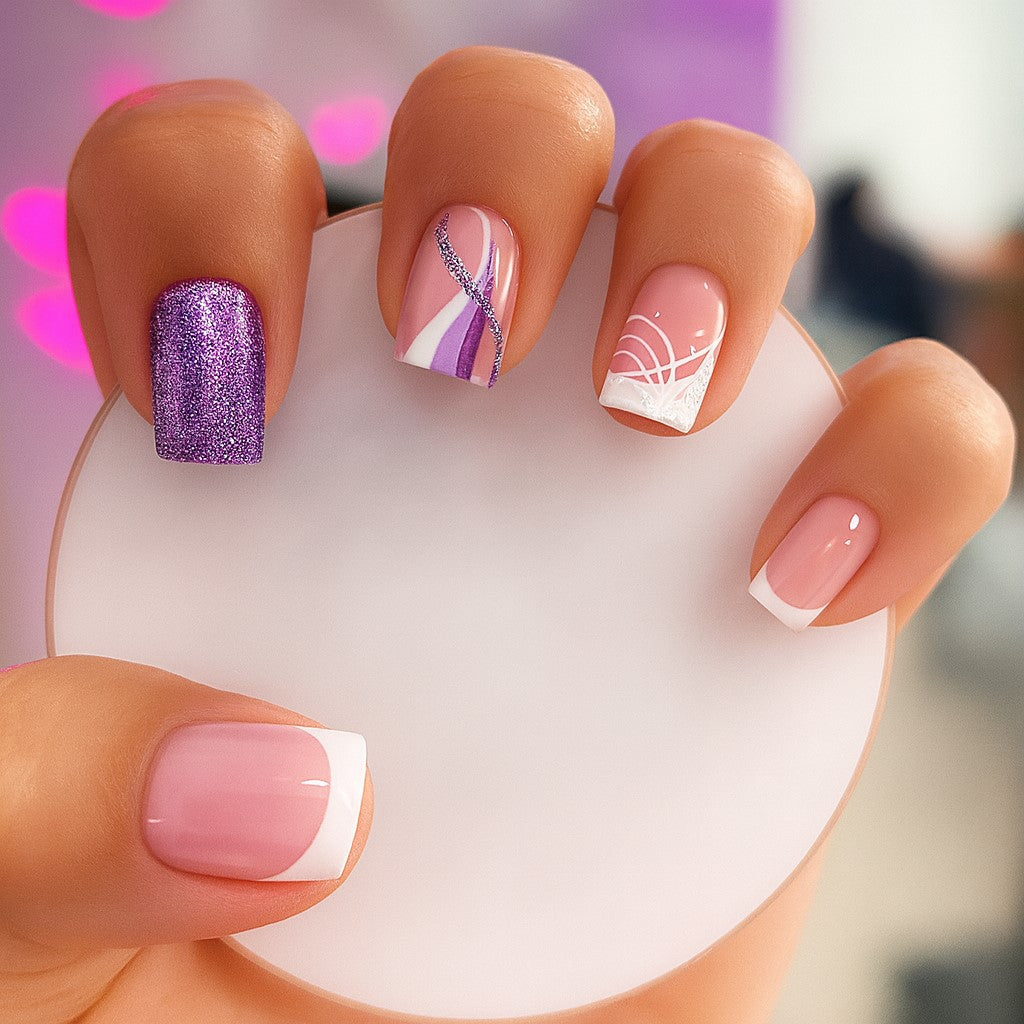 Short Square Press-On Nail Set – Pink French Tips with Purple Glitter Accent & Abstract Nail Art | Glossy Reusable False Nails(Set of 24)