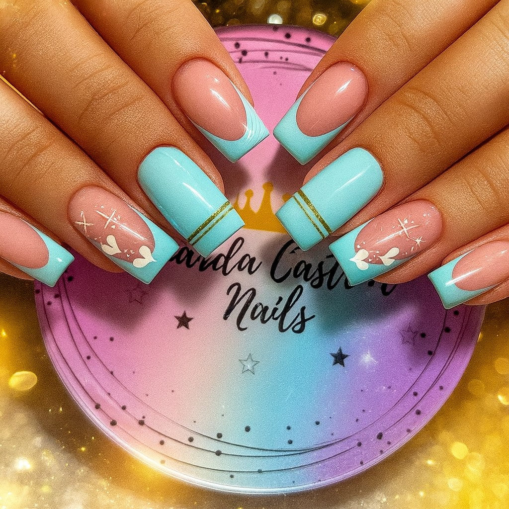Square Press-On Nail Set – Pastel Blue French Tips with Butterfly Nail Art | Glossy Reusable False Nails(Set of 24)