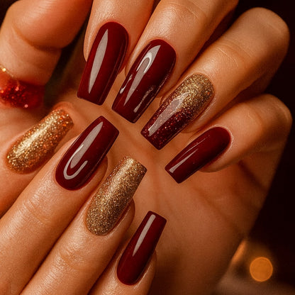 Burgundy Wine & Champagne Gold Square shape Glitter Press-On Nail Set | Glossy Reusable False Nails (Set of 24 Pieces)