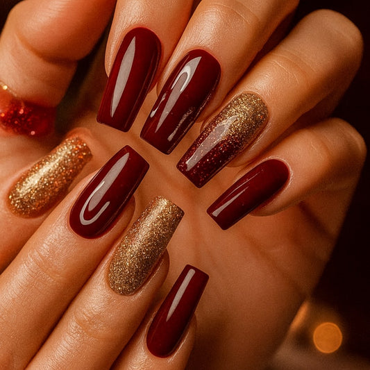Burgundy Wine & Champagne Gold Square shape Glitter Press-On Nail Set | Glossy Reusable False Nails (Set of 24 Pieces)