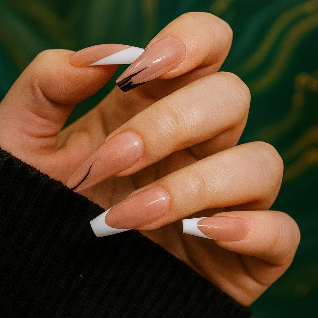 24-Piece Nude French Tip Coffin Press-On Nails – Glossy Long False Nails with Modern White Tips | Reusable Stick-On Nail Set