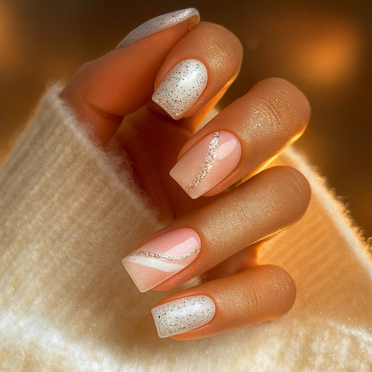Medium Square Press-On Nail Set – Blush Pink & White Speckled Nails with Rose Gold Glitter Accents | Glossy Reusable False Nails(Set of 24 Pieces)