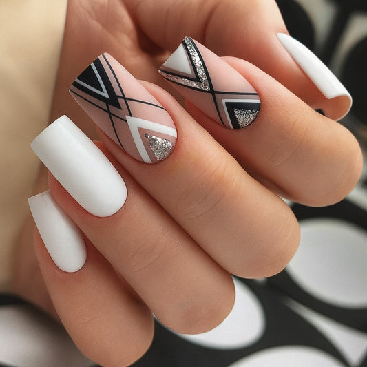 Monochrome Luxe Geometric Press-On Nails | 24-Piece Glossy White & Black Reusable Nail Set