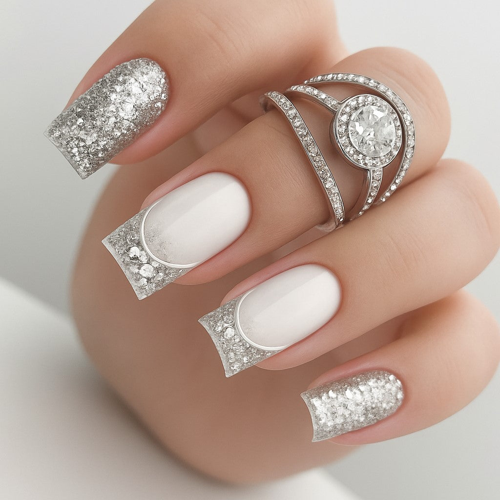 Silver Frost Square Press On Nails – 24 Piece White & Glitter French Tip False Nail Set