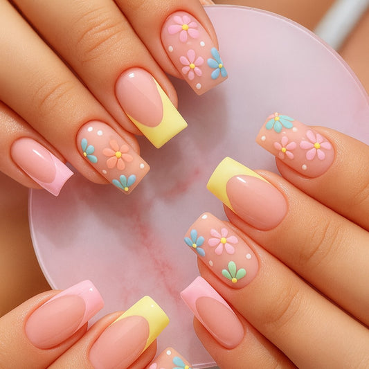 Medium Square Press-On Nail Set – Pastel Pink & Yellow French Tips with 3D Daisy Floral Nail Art | Glossy Reusable False Nails (Set of 24 Pieces)