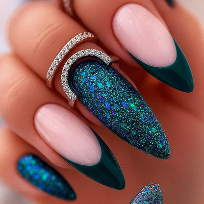 Long Stiletto Press-On Nail Set – Emerald Green French Tips with Galaxy Glitter Accent | Glossy Reusable False Nails (Set of 24 Pieces)