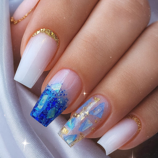 Square Press-On Nail Set – White Ombre, Royal Blue Marble & Gold Foil | Glossy Reusable False Nails (Set of 24)