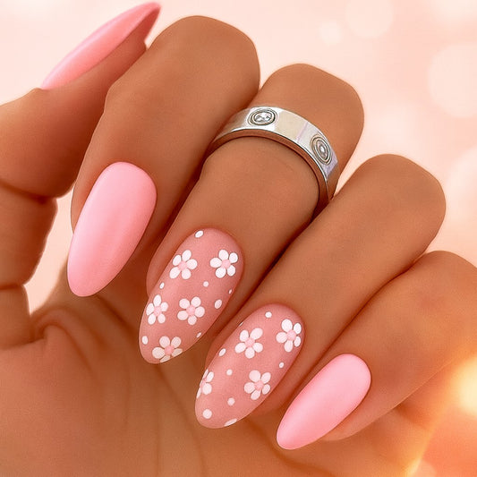 Blush Daisy Almond Press On Nails – 24 Piece Matte Pink Floral Set