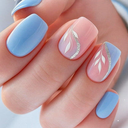 Sky Blossom Square Press On Nails – 24 Piece Blue & Pink Floral Glitter Set