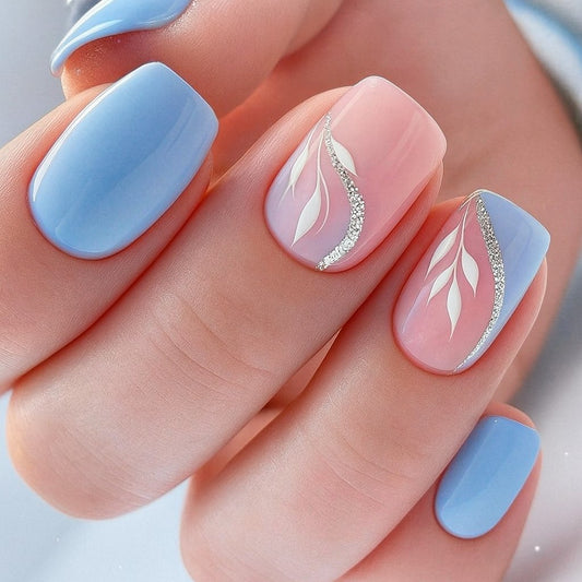 Sky Blossom Square Press On Nails – 24 Piece Blue & Pink Floral Glitter Set