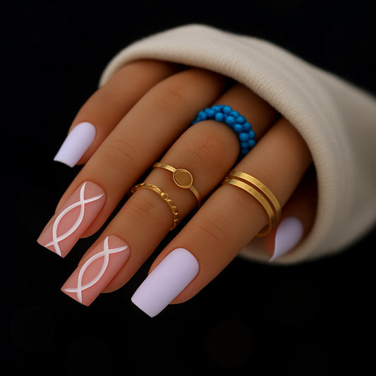 Lavender White Minimalist Geometric Press-On Nails – 24 Piece Square Nail Set
