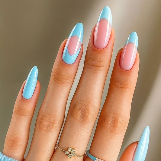 Baby Blue French Almond Press On Nails – 24 Piece Glossy Pastel Curve Tip Nail Set