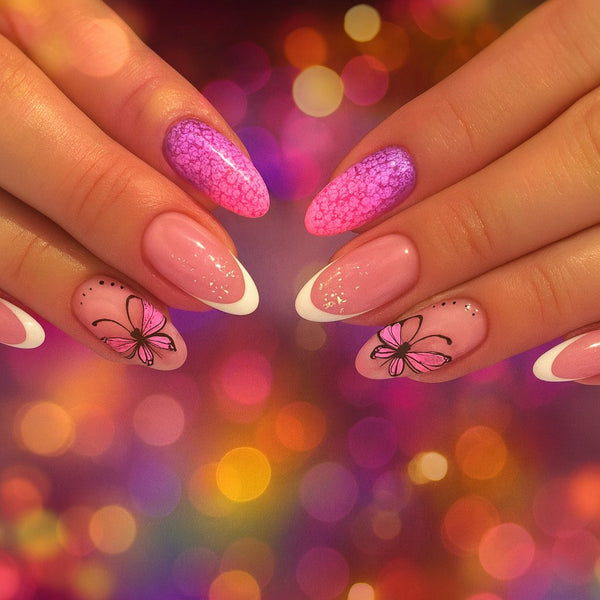Pink Butterfly French Tip Press-On Nails | 24-Piece Reusable Almond Nail Set | Cute Glossy Fake Nails