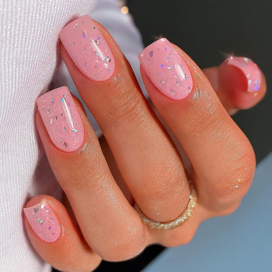 Pink Crystal Confetti Square Press On Nails – 24 Piece Glossy Glitter Flake Set