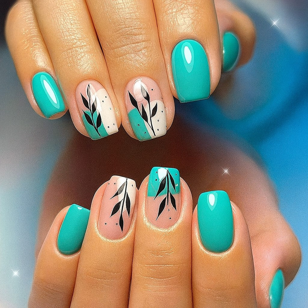Square shape Press-On Nail Set – Teal Botanical Leaf Nails | Glossy Reusable False Nails (Set of 24)