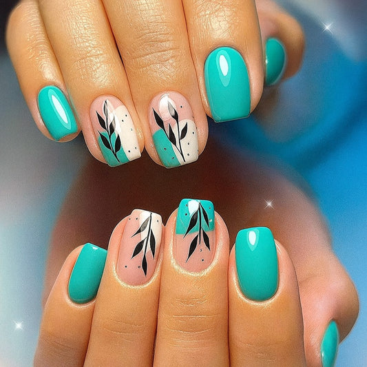 Square shape Press-On Nail Set – Teal Botanical Leaf Nails | Glossy Reusable False Nails (Set of 24)