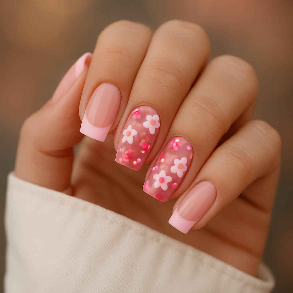 Pink Floral Glitter Press-On Nails – 24 Piece Glossy Square Nail Set