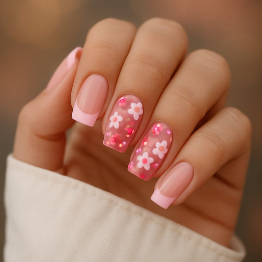 Pink Floral Glitter Press-On Nails – 24 Piece Glossy Square Nail Set