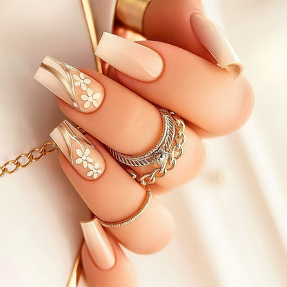 Ivory Bloom Square Press On Nails – 24 Piece Elegant Floral French Tip Set