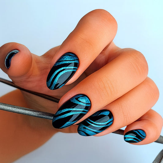 Midnight Wave Almond Press On Nails – 24 Piece Black & Metallic Blue Abstract Nail Set