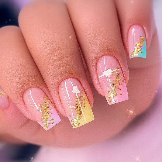 Square Press-On Nail Set – Pastel Pink Gradient with Gold Foil & Butterfly Accents | Glossy Reusable False Nails (Set of 24)