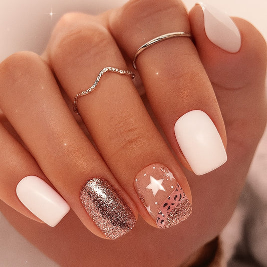 Square Press-On Nail Set – White & Rose Gold Glitter Star Design | Glossy Reusable False Nails (Set of 24)