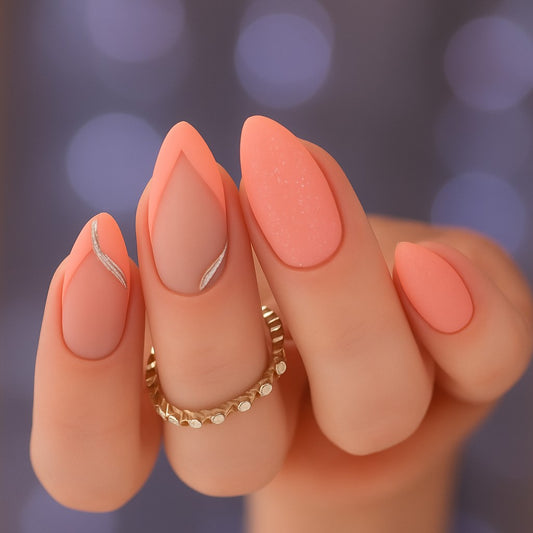 Peach Nude Almond Press-On Nails | 24-Piece Reusable Matte Glossy Fake Nails | Minimalist Korean Nail Art