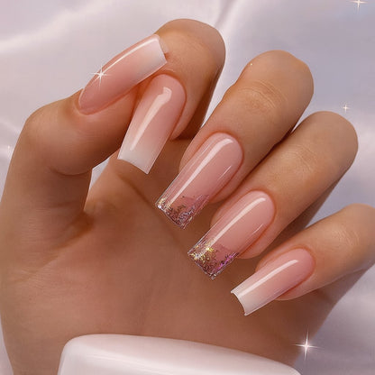 Long Square Press-On Nail Set – Nude Pink Ombre with Rose Gold Glitter Tips | Glossy Reusable False Nails (Set of 24 Pieces)